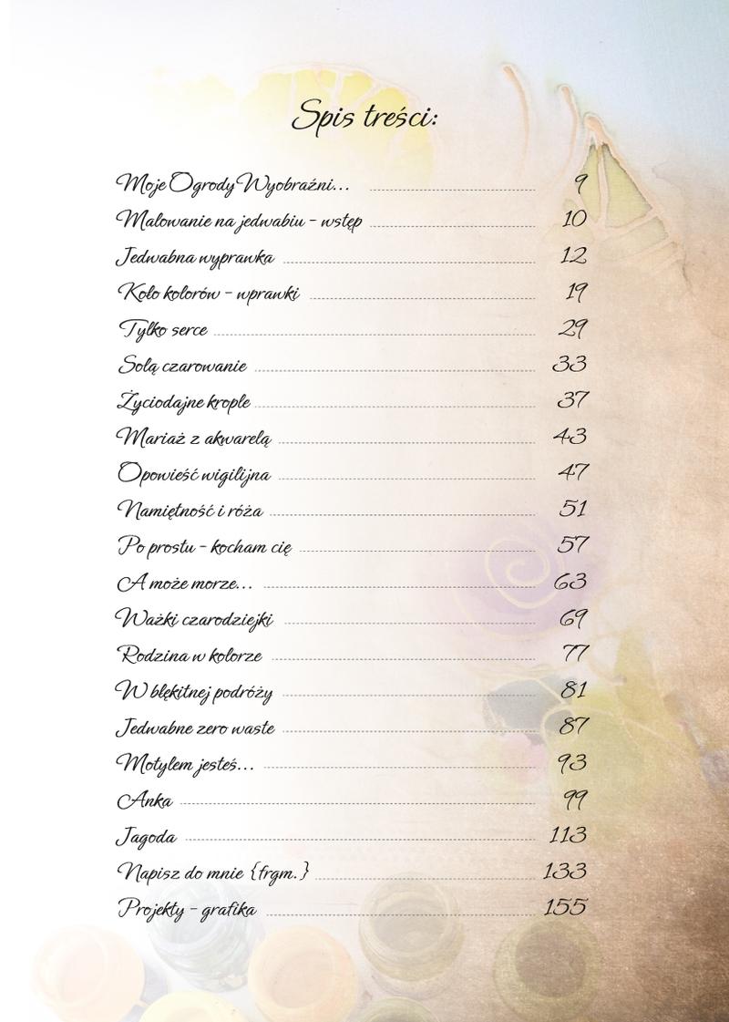 Spis treści książki z rozdziałami od jedwabnej wyprawki po projekty i grafiki